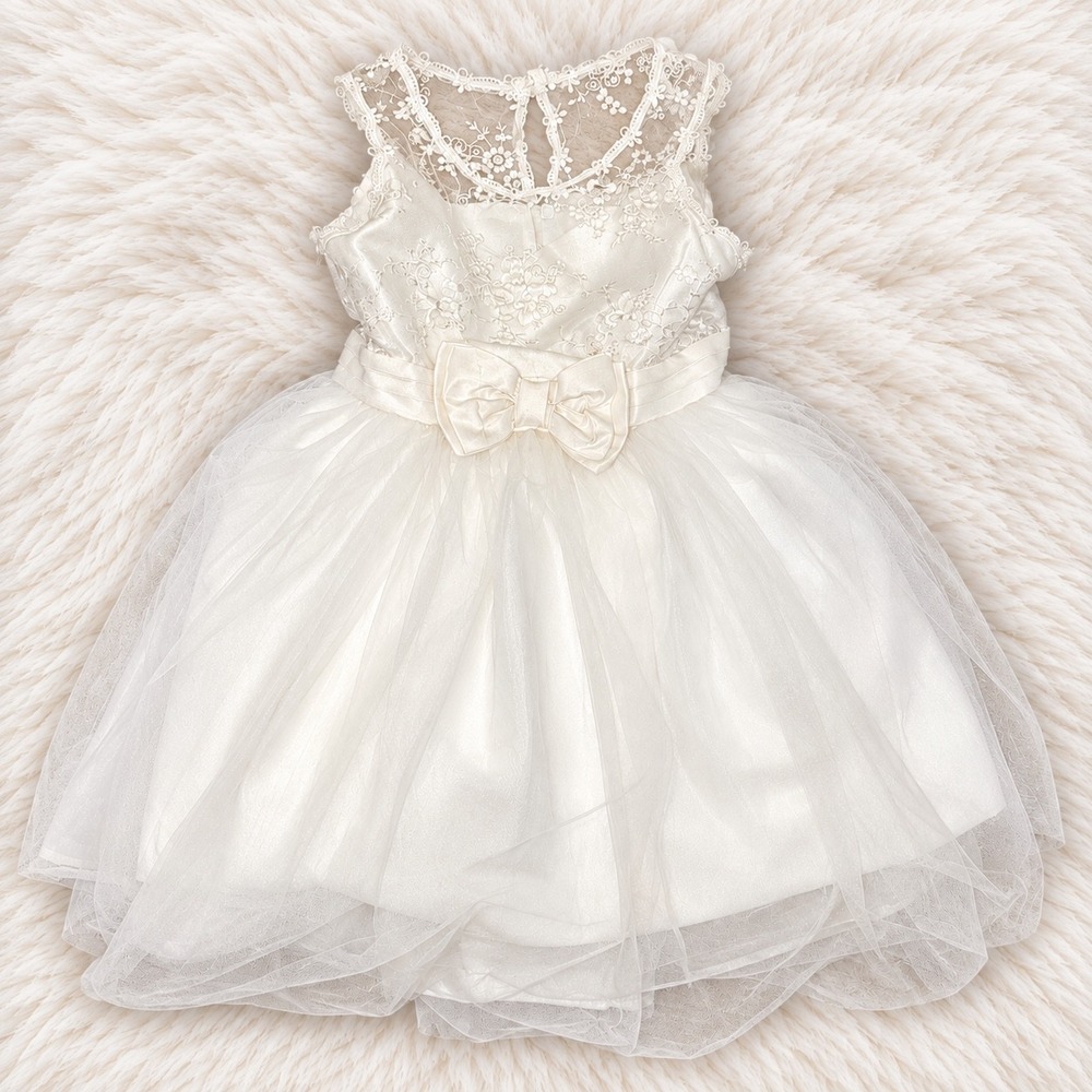 Biscotti Girls' Flower Girl Dress Size 5 Ivory White Lace Tulle Bow Wedding